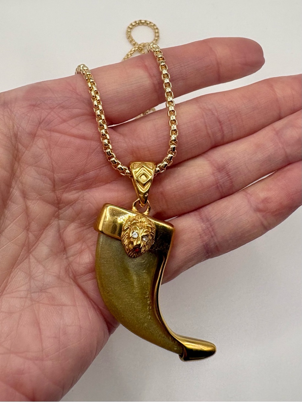 New Italian Horn Cornicello Lion Rhinestone Gold Tone Statement Necklace 17”